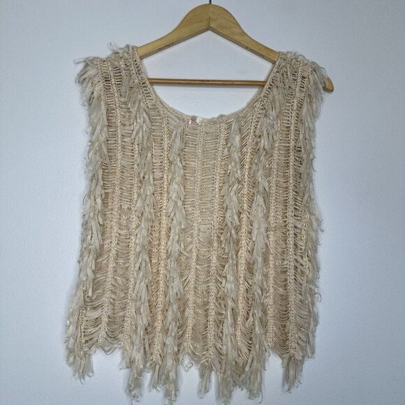 Festival Fringe Open Knit Top Size M Cream Fairy Boho Retro Hippie Woven - Picture 1 of 10
